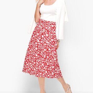 NWT Talbots Red & White Pleated Floral Midi Skirt Size 12